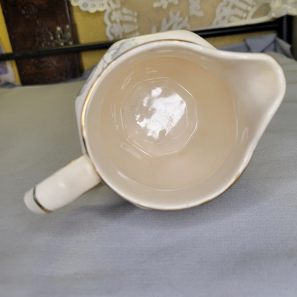Vtg Creamer Price Bro's Pottery Earthenware Gold Trim Yellow Flowers.